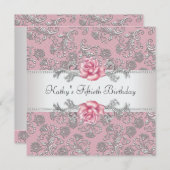 Pink Rose Damask Frauen Geburtstagsparty Einladung (Vorne/Hinten)