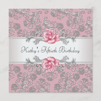 Pink Rose Damask Frauen Geburtstagsparty Einladung