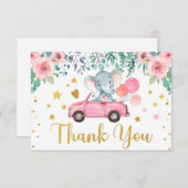 Pink Rose Elephant Drive Through Baby Showcar Dankeskarte (Vorne/Hinten)