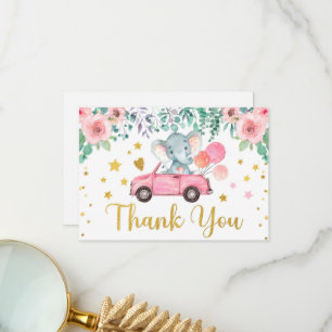 Pink Rose Elephant Drive Through Baby Showcar Dankeskarte