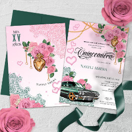 Pink Rose Emerald Green Chola Lowrider Quinceanera Einladung