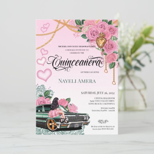 Pink Rose Emerald Green Lowrider Chicana Quince Einladung (Stehend Vorderseite)