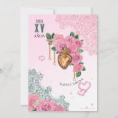 Pink Rose Emerald Green Lowrider Chicana Quince Einladung (Rückseite)