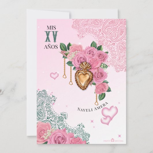 Pink Rose Emerald Green Lowrider Chicana Quince Einladung (Rückseite)