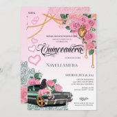 Pink Rose Emerald Green Lowrider Chicana Quince Einladung (Vorne/Hinten)