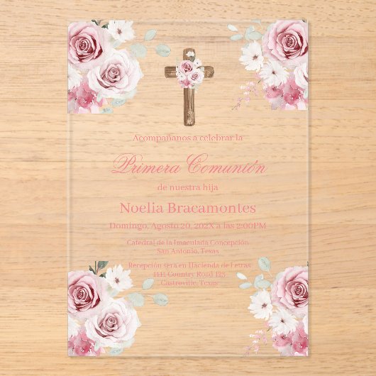 Pink rose first communion invitation in spanish acryleinladungen (Vorderseite)
