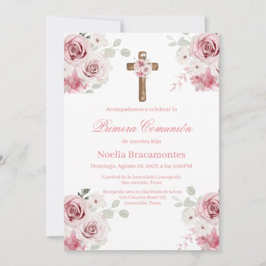 Pink rose first communion invitation in spanish  einladung (Vorderseite)