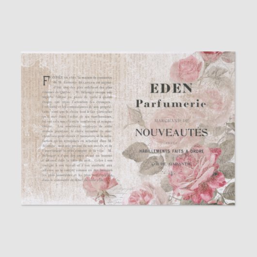 Pink Rose Floral Französisch Script Shabby Decoupa Seidenpapier (Vorderseite)