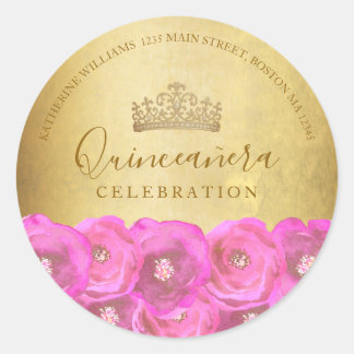 Pink Rose Floral Gold Quinceañera Return Address Runder Aufkleber