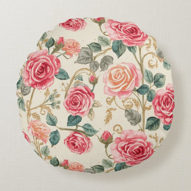 Pink Rose Flowers Pattern, Beautiful, Elegant Rundes Kissen (Vorderseite)