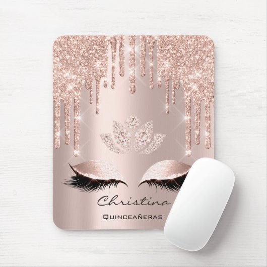 Pink Rose Gold Blush Drip Sparkly Lotus Name Mousepad (Mit Mouse)