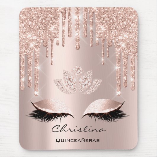 Pink Rose Gold Blush Drip Sparkly Lotus Name Mousepad (Vorne)