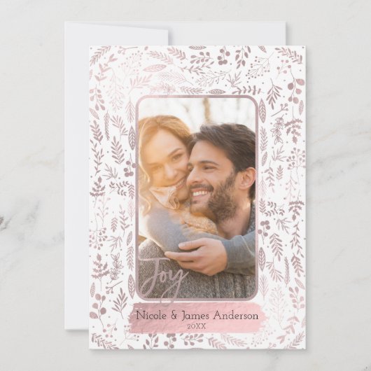 Pink Rose Gold Botanical Modern Glam Holiday Foto Feiertagskarte (Vorderseite)