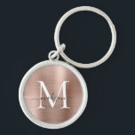 Pink Rose Gold Brushed Metal Monogram Girly Script Schlüsselanhänger<br><div class="desc">Rosa Rose Gold gebürstetes Metal-Girly-Script Monogram-Schlüsselanhänger</div>