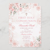 Pink Rose Gold Floral Winter First Holy Communion Einladung (Vorne/Hinten)