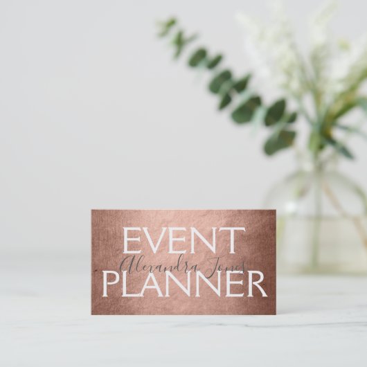 Pink & Rose Gold Foil Metal Event Planner Visitenkarte (Stehend Vorderseite)