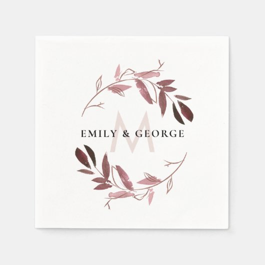 PINK ROSE GOLD FOLIAGE WREATH MONOGRAM WEDD SERVIETTE (Vorderseite)