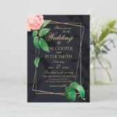 Pink rose & gold frame floral Wedding Invitation Einladung (Stehend Vorderseite)