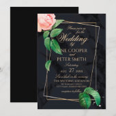 Pink rose & gold frame floral Wedding Invitation Einladung (Vorne/Hinten)