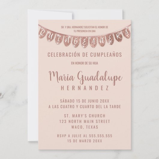 Pink Rose Gold Glitter Banner Español Quinceañera Einladung (Vorderseite)