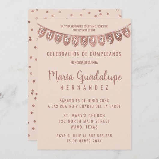 Pink Rose Gold Glitter Banner Español Quinceañera Einladung (Vorne/Hinten)