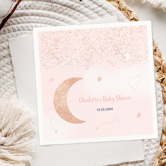 Pink rose gold glitter over the moon baby shower serviette