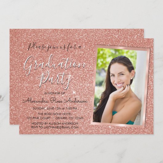 Pink Rose Gold Glitzer Graduation Party - Foto Einladung (Vorne/Hinten)