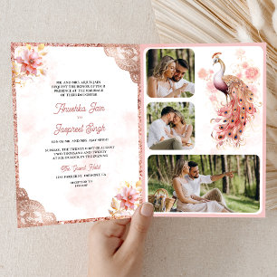 Pink Rose Gold Lace Floral Indian Peacock Wedding Einladung
