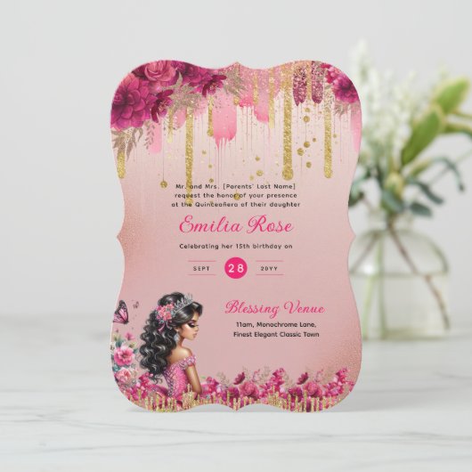 PINK Rose Gold Quinceanera Dress Floral Rose Einladung (Stehend Vorderseite)