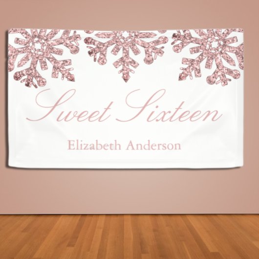 Pink Rose Gold Snowflake Winter Sweet 16 Banner