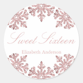 Pink Rose Gold Snowflake Winter Sweet 16 Runder Aufkleber