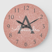 Pink Rose Gold Sparkle Glitter Monogram Name Große Wanduhr (Vorderseite)