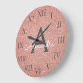Pink Rose Gold Sparkle Glitter Monogram Name Große Wanduhr (Winkel)