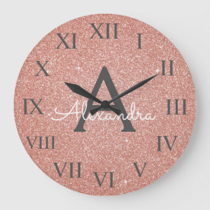 Pink Rose Gold Sparkle Glitter Monogram Name Große Wanduhr