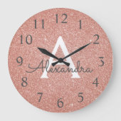 Pink Rose Gold Sparkle Glitter Monogram Name Große Wanduhr (Vorderseite)
