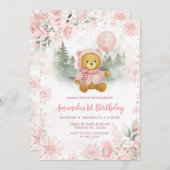 Pink Rose Gold Winter Bear Balloon 1st Birthday Einladung (Vorne/Hinten)