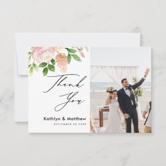 Pink Rose Greenery Elegantes Script Danke Karte (Vorderseite)