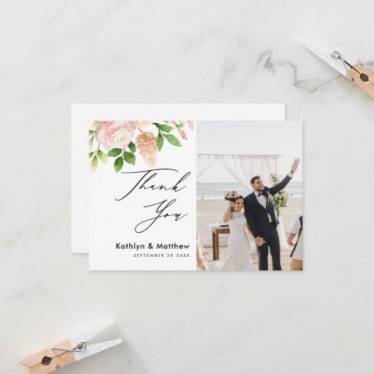 Pink Rose Greenery Elegantes Script Danke Karte (Vorderseite/Rückseite Beispiel)