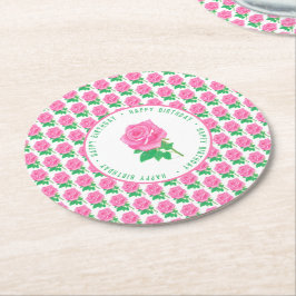 Pink Rose Happy Birthday Runder Pappuntersetzer