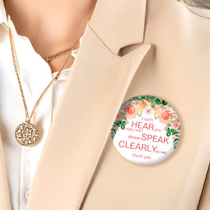 Pink rose hard of hearing badge   I'm deaf pin Button