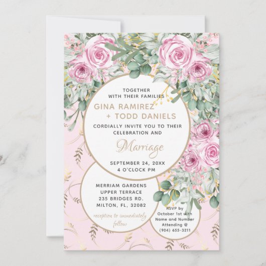 Pink Rose Hochzeitsempfang Einladung (Vorderseite)