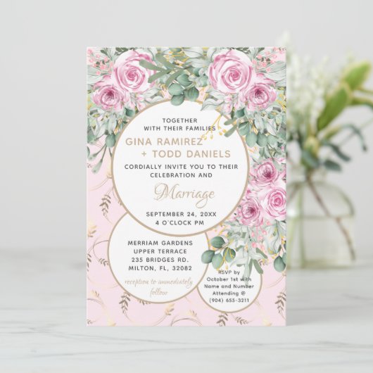 Pink Rose Hochzeitsempfang Einladung (Stehend Vorderseite)