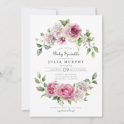 Pink Rose Hydrangea Blumenarch Girl Baby Sprinkle Einladung (Vorderseite)
