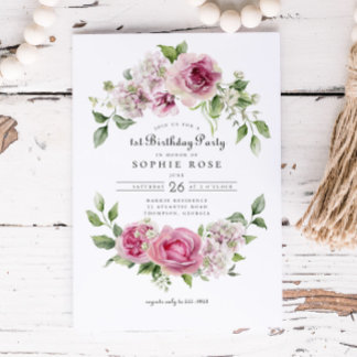 Pink Rose Hydrangea Blumenarsch 1. Geburtstags-Par Einladung