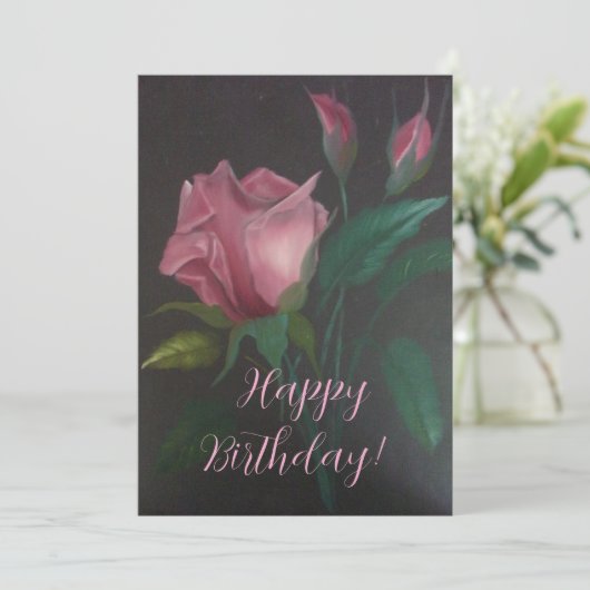 Pink Rose n Rosebuds Flat Greeting Card (Stehend Vorderseite)