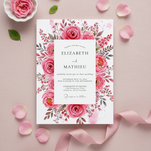 Pink Rose Painterly Romance Wedding Einladung