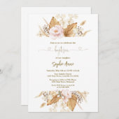 Pink Rose Pampas Grass Palm Kalligrafie Taufe Einladung (Vorne/Hinten)