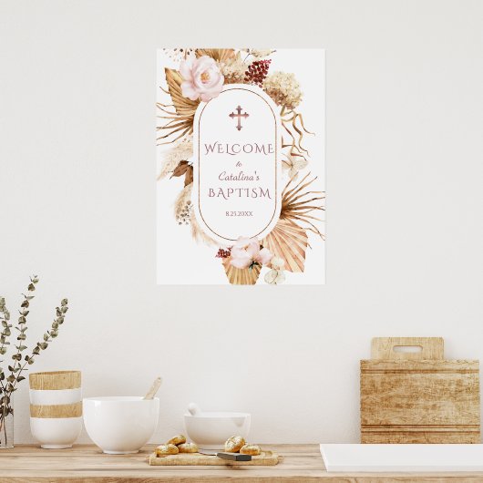 Pink Rose Pampas Grass Palm Taufe Begrüßungszeiche Poster (Küche)