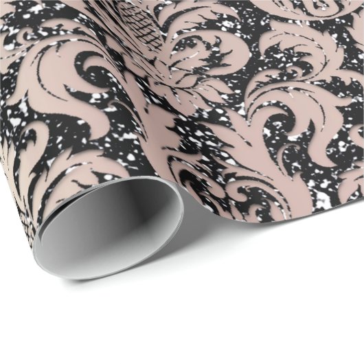 Pink Rose Pearly Metallic Black Damask Glitzer Geschenkpapier (Rolleneckpunkt)
