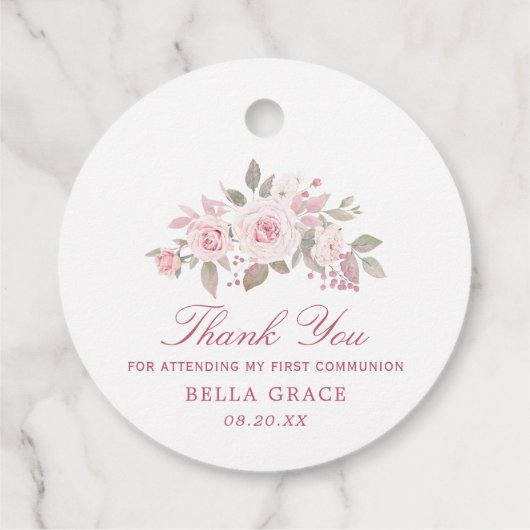 Pink Rose Peony First Communion Danke Geschenkanhänger (Rückseite)